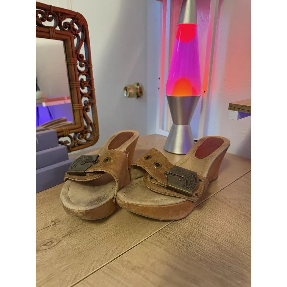 Dr Scholl’s The Original Big Buc Wooden Wedge Heel Vintage Tan Leather Size 9